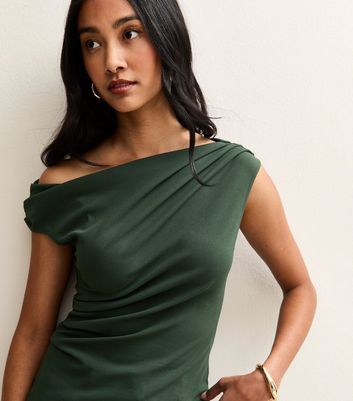 Dark Green Gathered Off The Shoulder Top