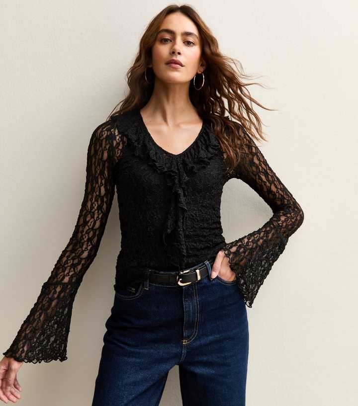 Black Lace Ruffle Trimmed Long Sleeve Top