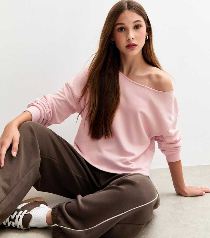 Girls Light Pink Off Shoulder Sweatshirt