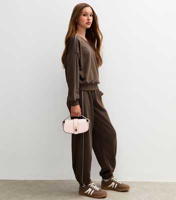 Girls Dark Brown Contrast Trim Cuffed Joggers