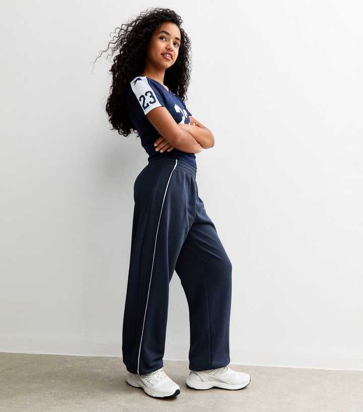 Girls Navy Contrast Trim Cuffed Joggers