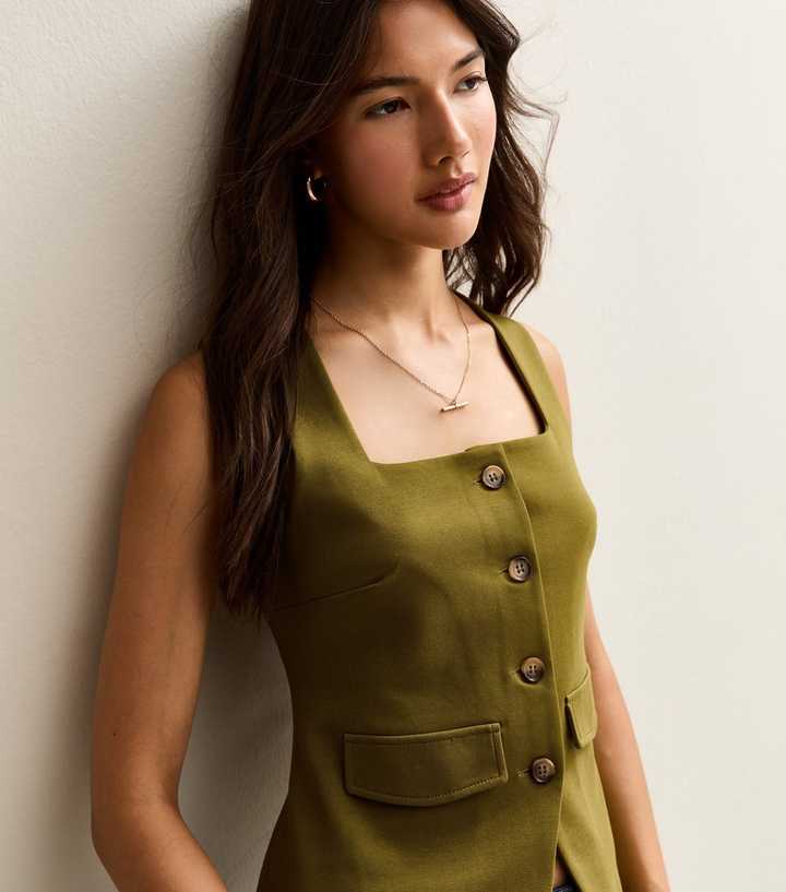 Green Square Neck Button Through Sleeveless Top