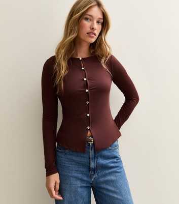 Brown Button Through Long Sleeve Top