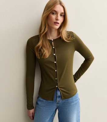 Green Button Through Long Sleeve Top