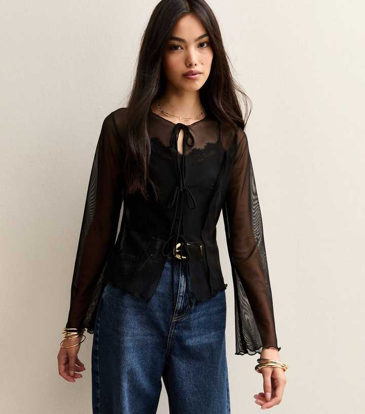 Black Tie Front Long Sleeve Mesh Top
