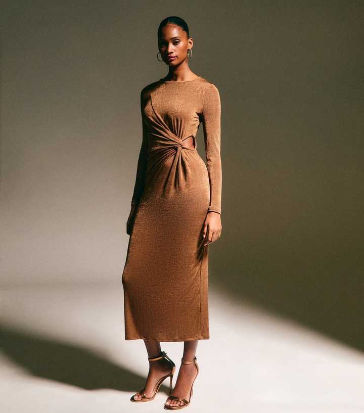 Bronze Knotted Side Cut Out Midi Dress