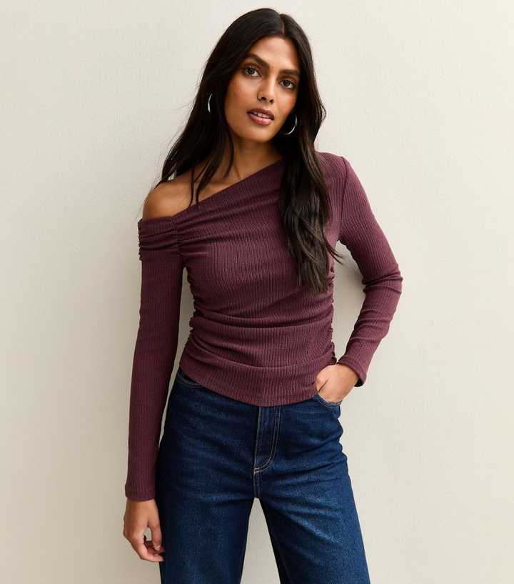 Burgundy Asymmetric Ruched Waist Long Sleeve Top