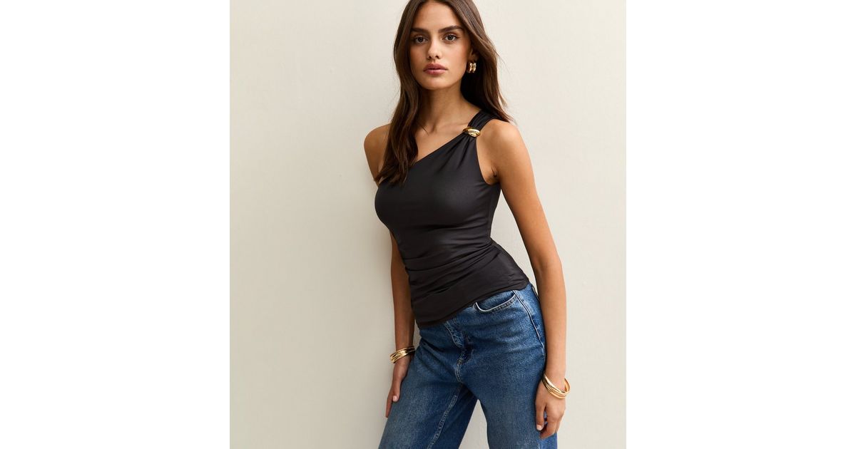 Black Gold Ring Ruched One Shoulder Top New Look
