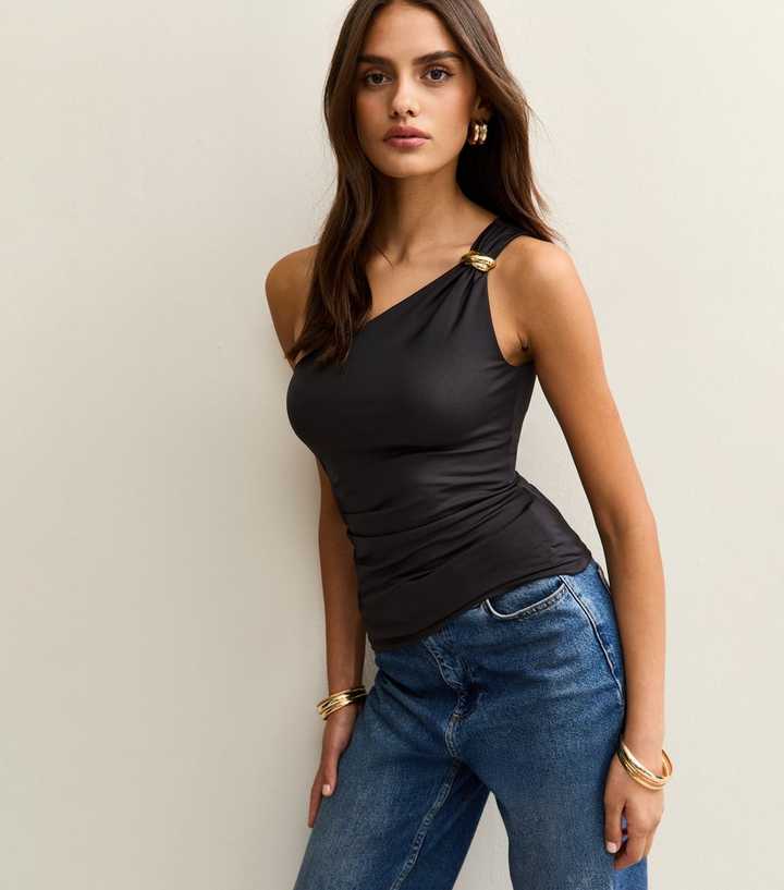 Black Gold Ring Ruched One Shoulder Top