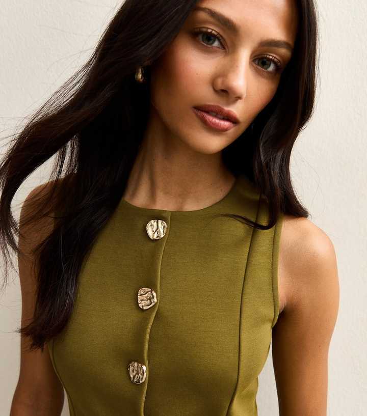 Green Jersey Round Neck Gold Button Waistcoat