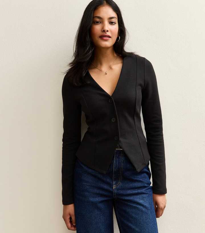Black V-Neck Panelled Button Through Long Sleeve Top