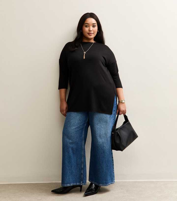 Curves Black Cropped Sleeve Longline Jumper