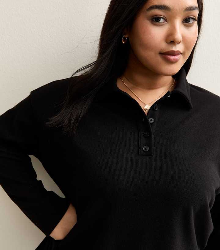 Curves Black Ribbed Long Sleeve Polo Top