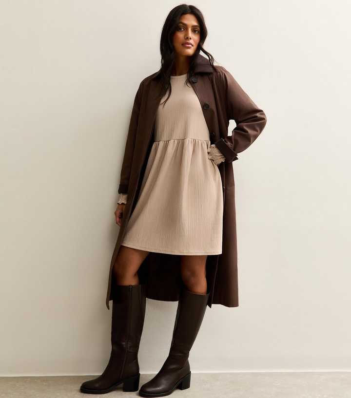 Beige Long Sleeve Smock Mini Dress | New Look
