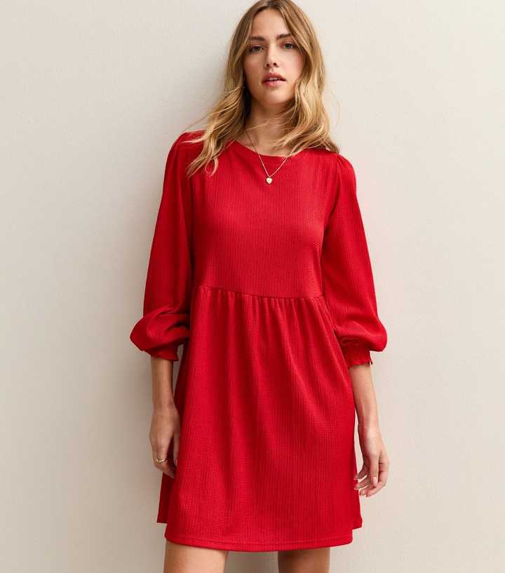 Bright Red Long Sleeve Smock Mini Dress