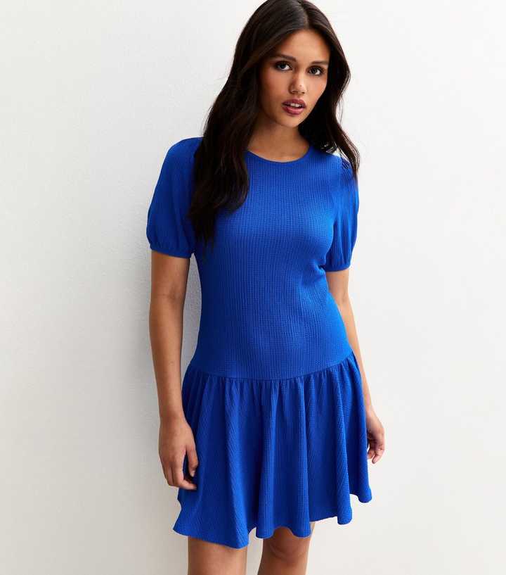 Blue Textured Jersey Mini Smock Dress