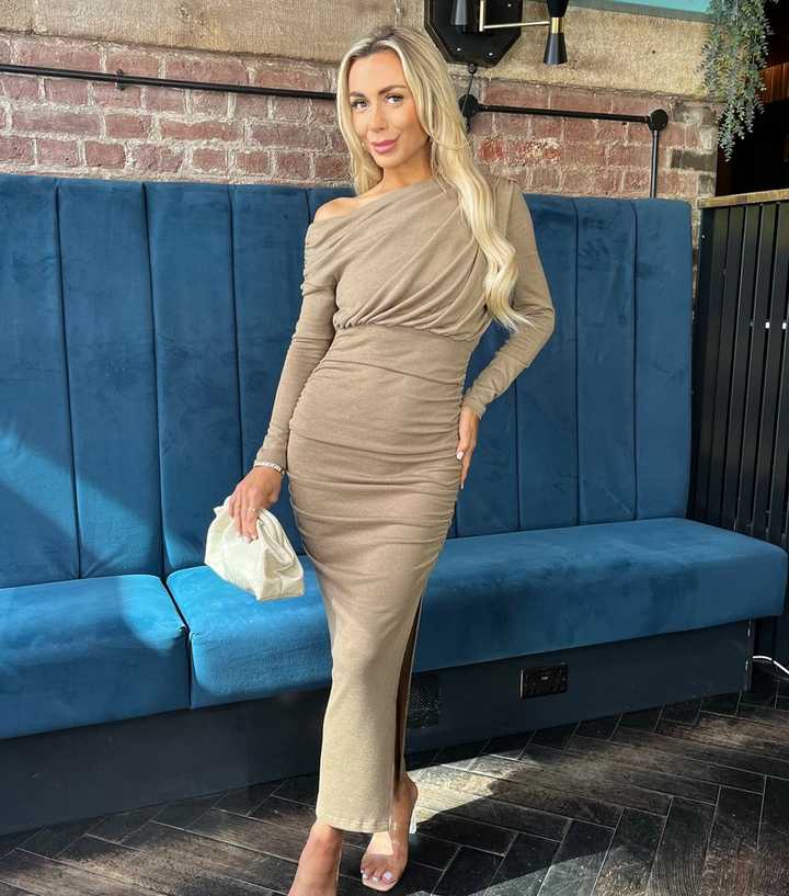 AX Paris Light Brown Off The Shoulder Midi Dress