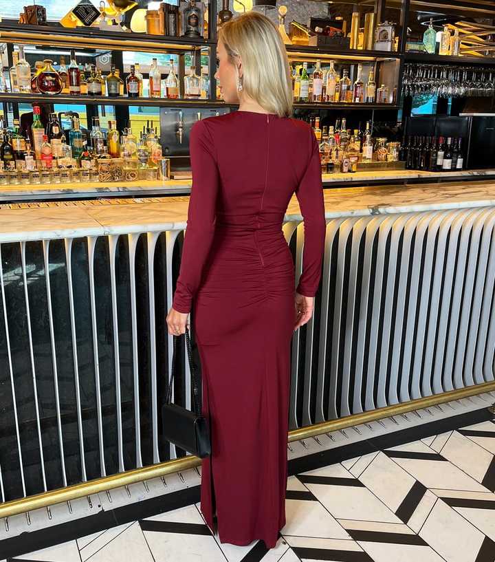 AX Paris Dark Burgundy Ruched Waist Long Sleeve Maxi Dress