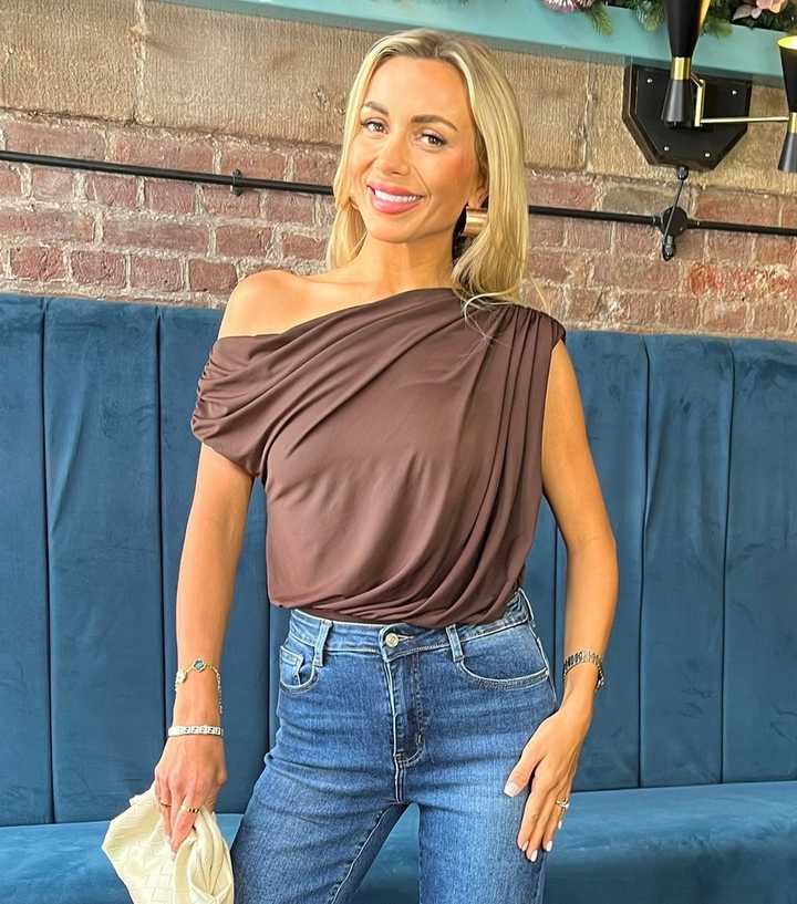 AX Paris Dark Brown Draped Off the Shoulder Bodysuit
