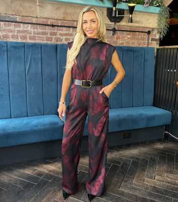 AX Paris Dark Purple Tie Dye Print Satin Belted Jumpsuit