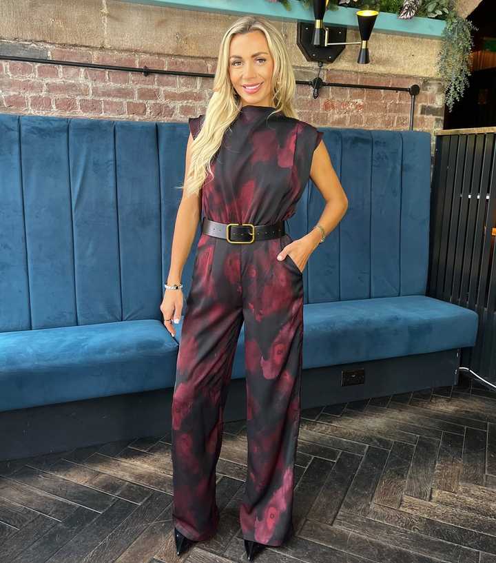 AX Paris Dark Purple Tie Dye Print Satin Belted Jumpsuit
