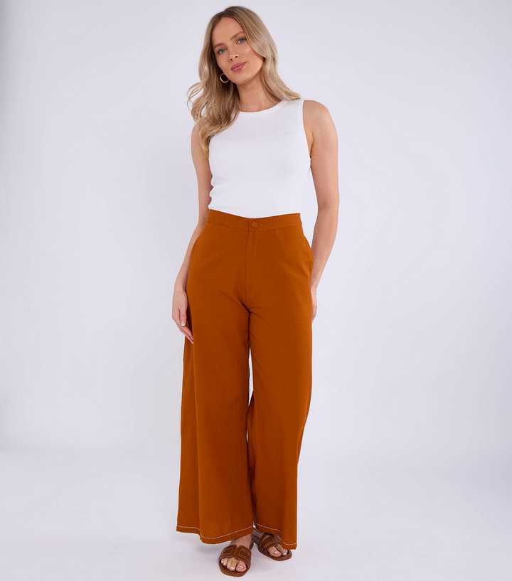 Gini London Rust Contrast Stitching Wide Leg Trousers