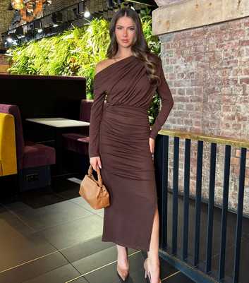 AX Paris Brown Ruched Slit Hem Midi Dress