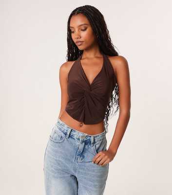 Pink Vanilla Brown Knotted Jersey Halterneck Top