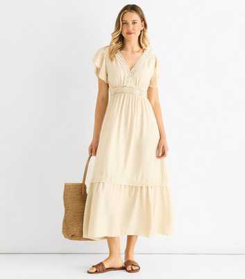 Gini London Oatmeal Crochet Lace Panel Midi Dress