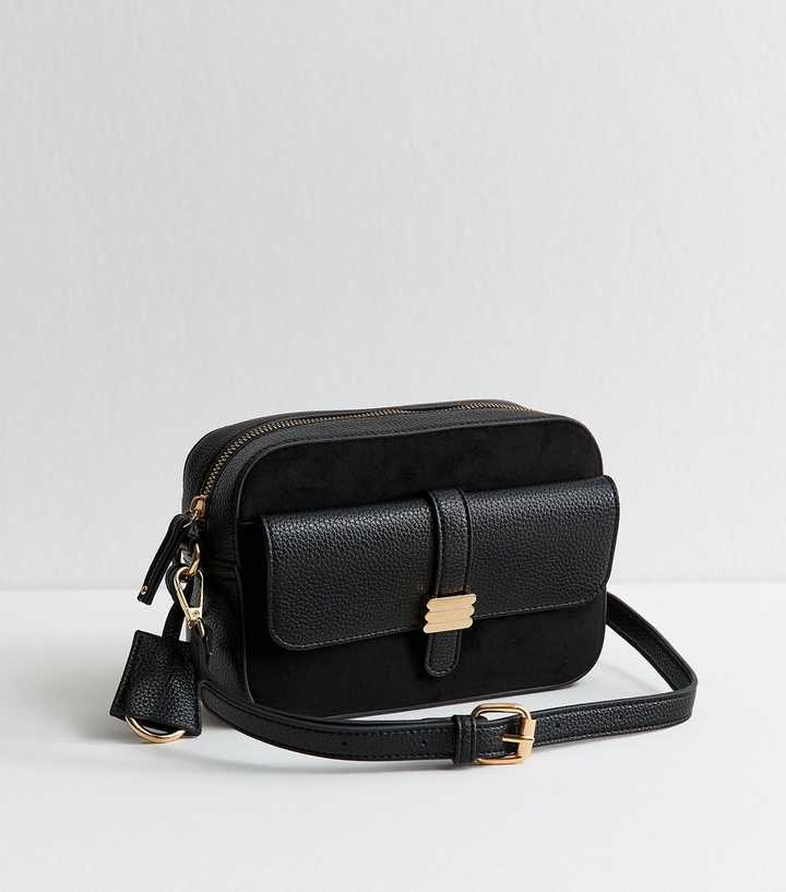 Black Faux Leather Front Pocket Crossbody Bag