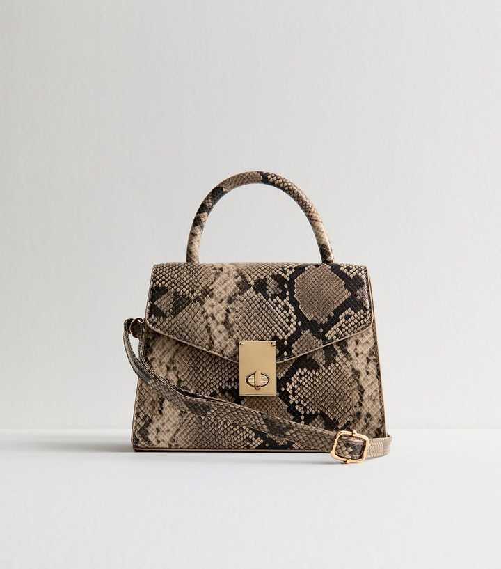 Grey Snakeskin Effect Faux Leather Twist Lock Crossbody Bag