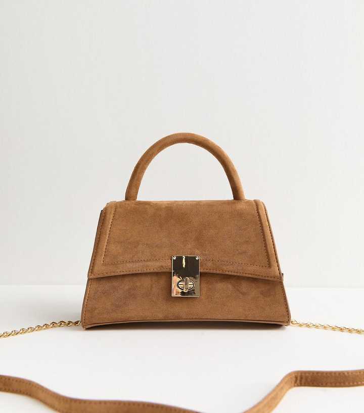 Tan Faux Suede Top Handle Cross Body Bag