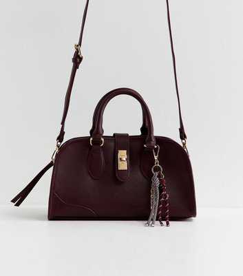 Dark Burgundy Faux Leather Charm Detail Bowler Bag