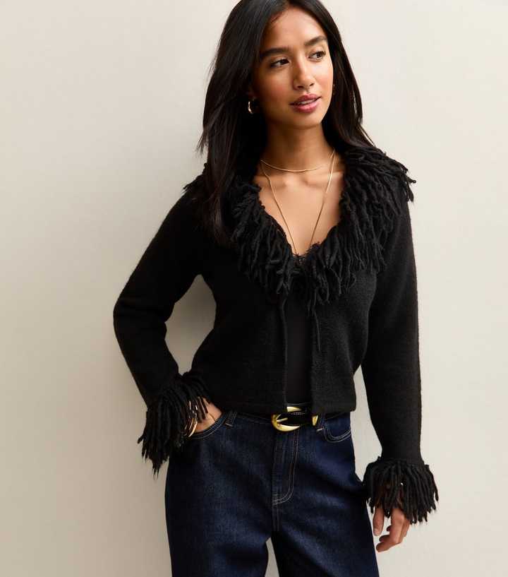 Petite Black Cropped Fringe Trim Cardigan