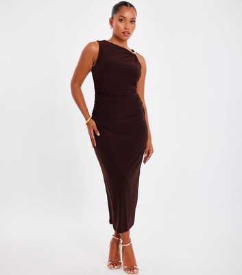 QUIZ Petite Dark Brown Ruched One Shoulder Midi Dress