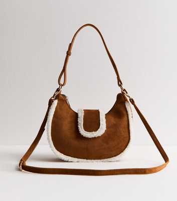 Tan Faux Suede Borg Trimmed Shoulder Bag