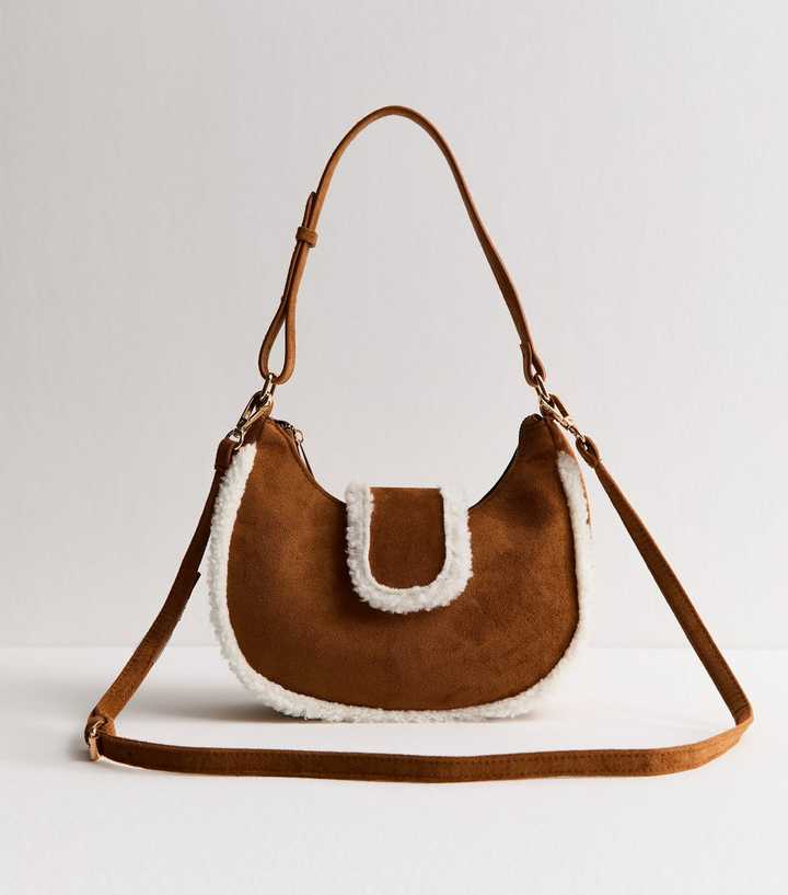 Tan Faux Suede Borg Trimmed Shoulder Bag