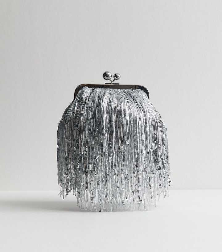 Silver Fringe Sequin Clutch Bag