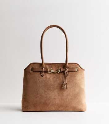 Camel Faux Suede Belted Tote Bag