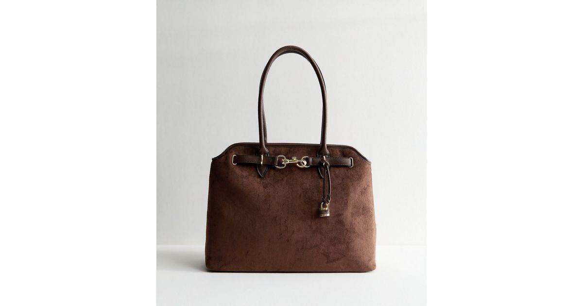 Dark Brown Faux Suede Belted Tote Bag | New Look