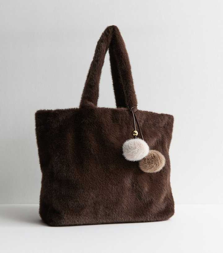 Brown Faux Fur Pom Pom Tote Bag