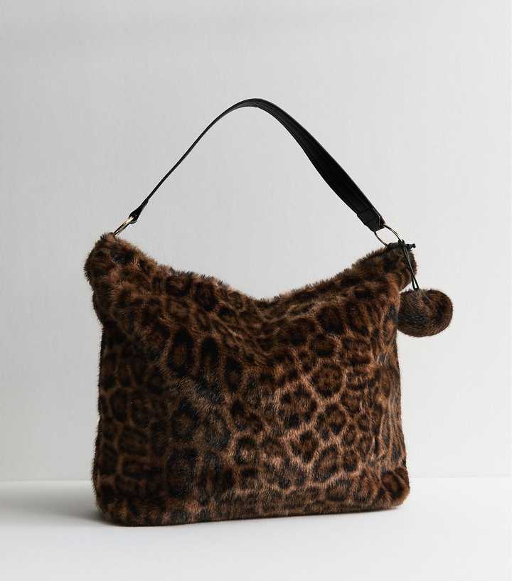 Brown Oversized Leopard Print Faux Fur Shoulder Bag