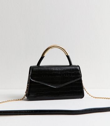 Black Crocodile Effect Faux Leather Top Handle Bag | New Look