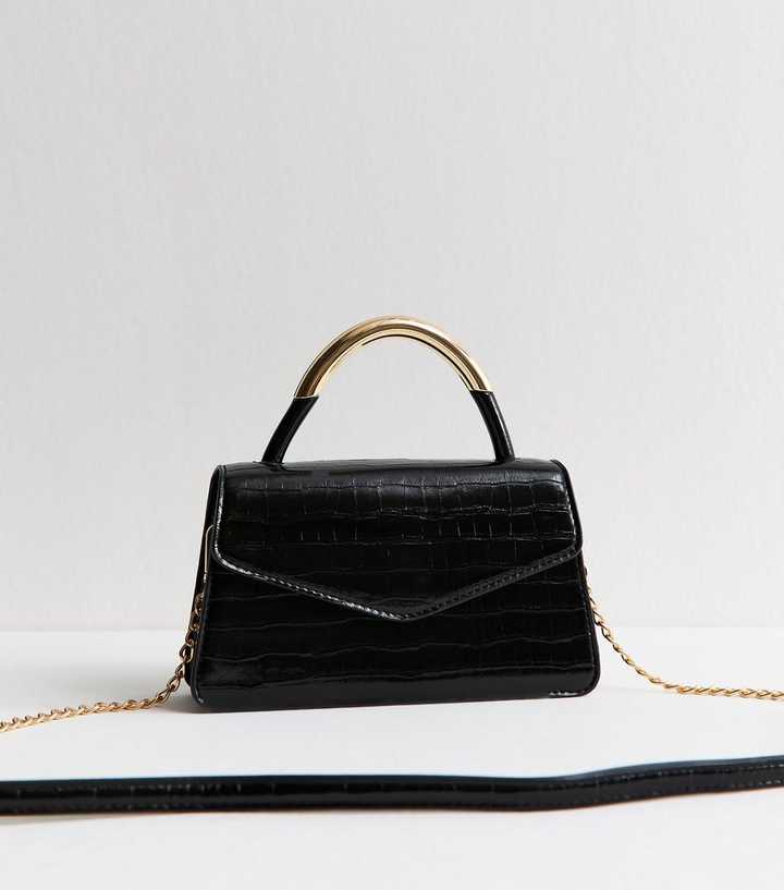 Black Crocodile Effect Faux Leather Top Handle Bag