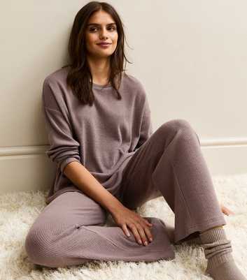 Mink Brushed Ribbed Wide Leg Trousers