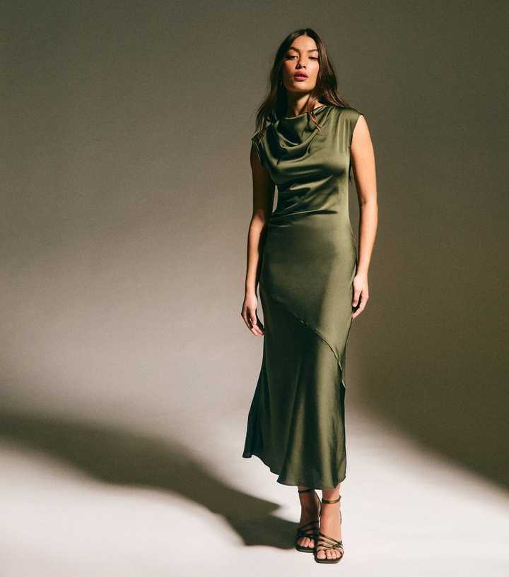 Light Khaki Satin Cowl Neck Midi Dress