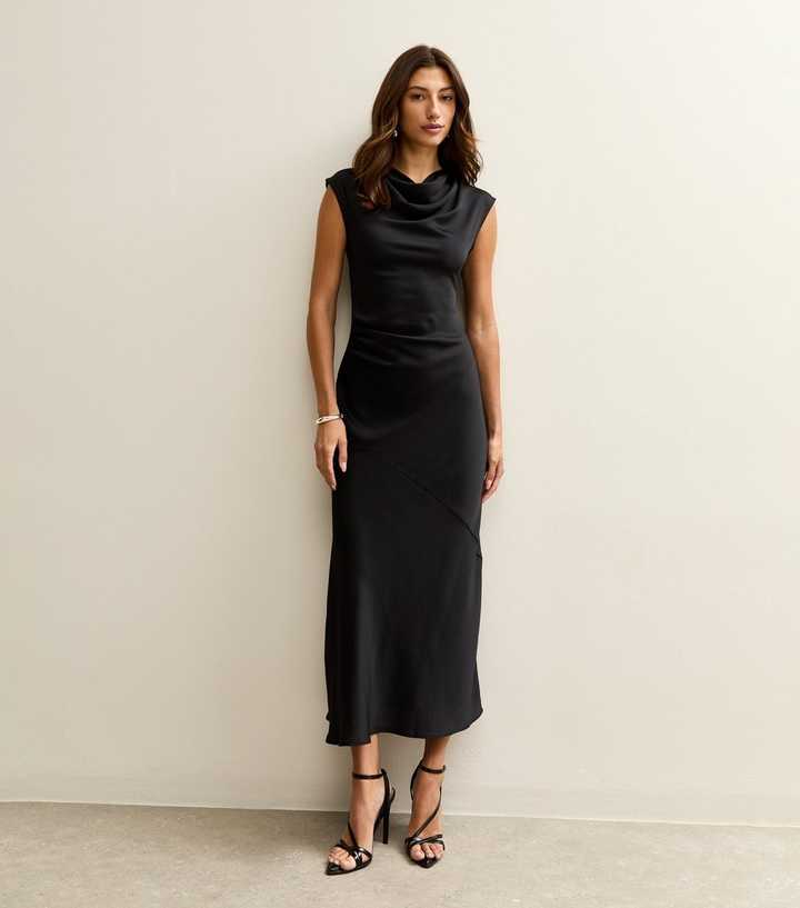 Tall Black Satin Cowl Neck Midi Dress | New Look