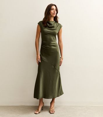Tall Light Khaki Satin Cowl Neck Midi Dress