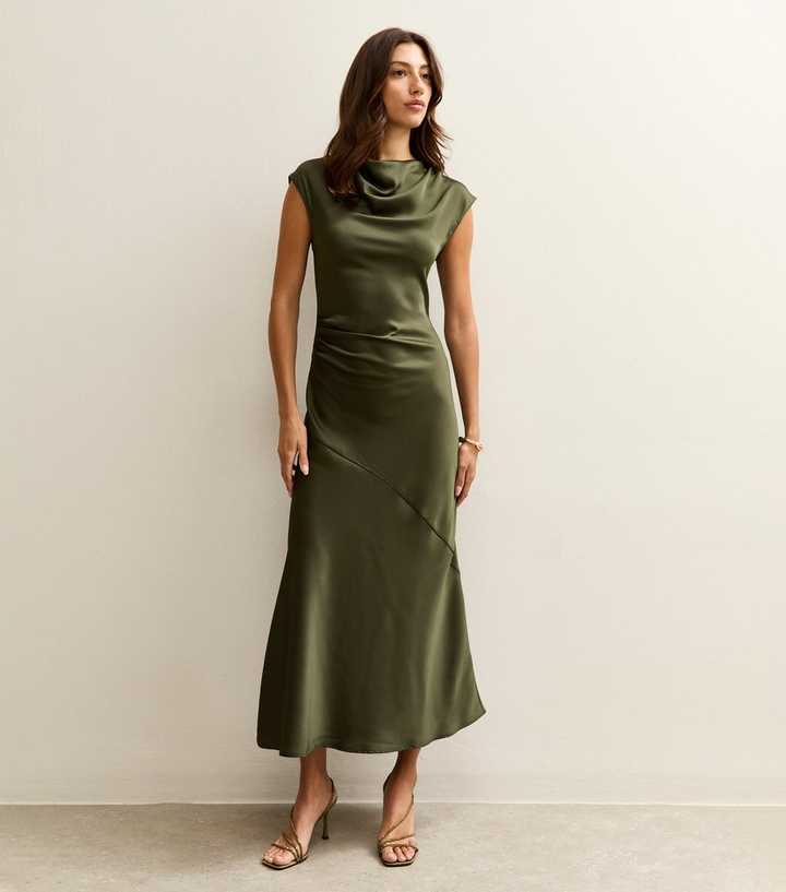 knee length dresses for ladies Ananias Khaki Lace Panel Satin Midi Dress