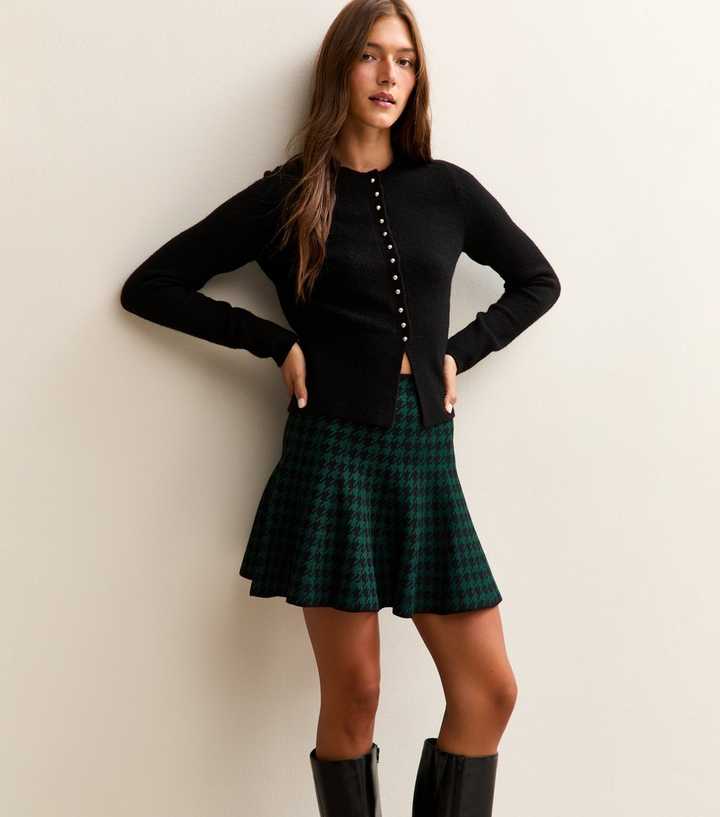 Green Dogtooth Check A-Line Mini Skirt